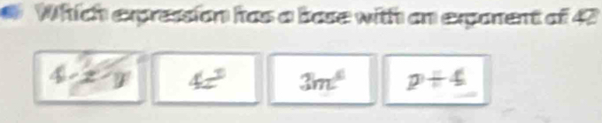 Which expression has a base with an exparent of 42
4-x-y 4=^circ  3m^6 p+4