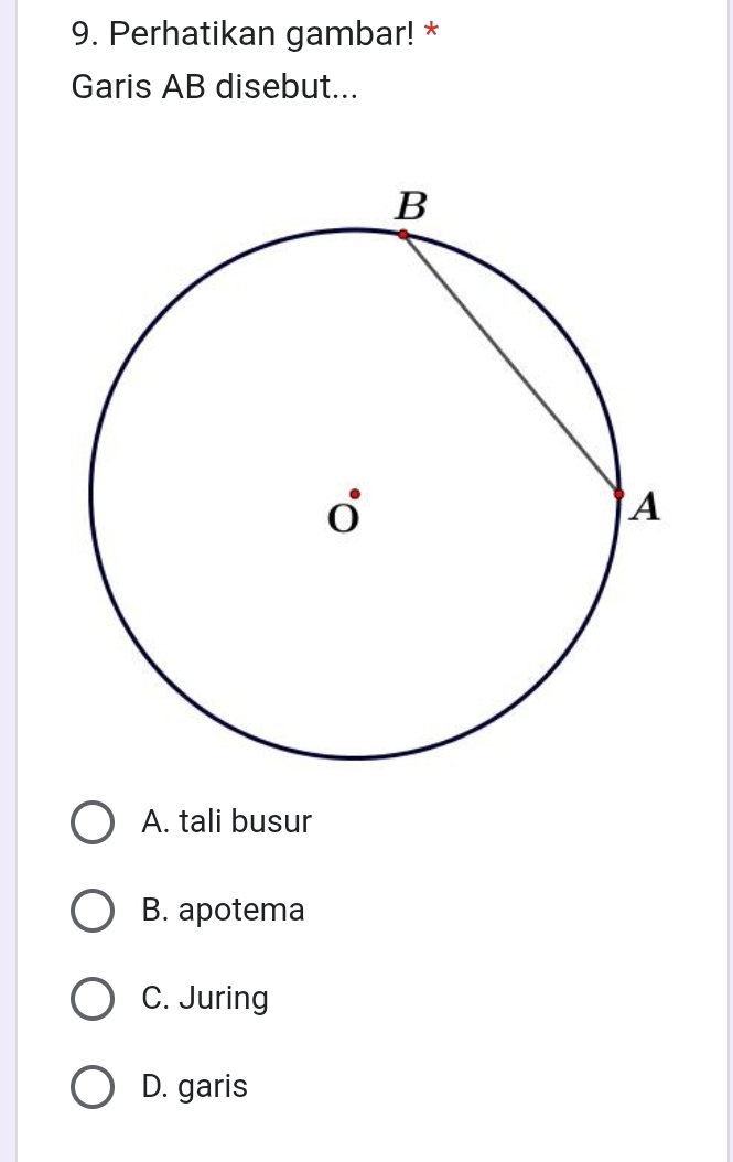 Perhatikan gambar! *
Garis AB disebut...
A. tali busur
B. apotema
C. Juring
D. garis