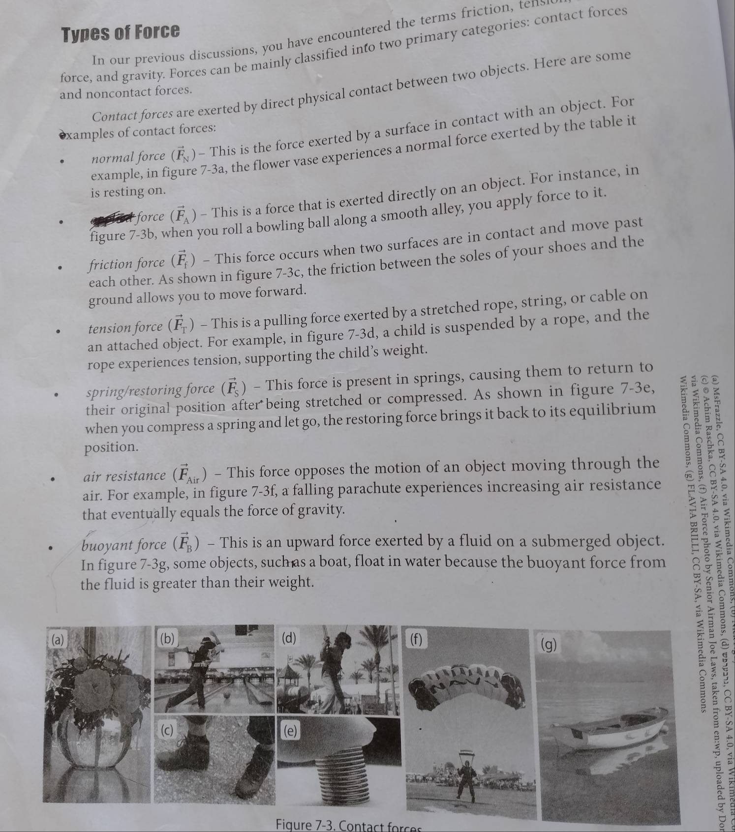 Types of Force
In our previous discussions, you have encountered the terms friction, tens
force, and gravity. Forces can be mainly classified into two primary categories: contact forces
Contact forces are exerted by direct physical contact between two objects. Here are some
and noncontact forces.
normal force (vector F_N) - This is the force exerted by a surface in contact with an object. For
xamples of contact forces:
example, in figure 7-3a, the flower vase experiences a normal force exerted by the table it
is resting on.
force (vector F_A) - This is a force that is exerted directly on an object. For instance, in
figure 7-3b, w you roll a bowling ball along a smooth alley, you apply force to it.
friction force (vector F_f) - This force occurs when two surfaces are in contact and move past
each other. A wn in figure 7-3c, the friction between the soles of your shoes and the
ground allows you to move forward.
tension force (vector F_T) - This is a pulling force exerted by a stretched rope, string, or cable on
an attached object. For example, in figure 7-3d, a child is suspended by a rope, and the
rope experiences tension, supporting the child’s weight.
spring/restoring force (vector F_S) - This force is present in springs, causing them to return to
their original position after being stretched or compressed. As shown in figure 7-3e,
when you compress a spring and let go, the restoring force brings it back to its equilibrium
position.
air resistance (vector F_Air) - This force opposes the motion of an object moving through the
air. For example, in figure 7-3f, a falling parachute experiences increasing air resistance
that eventually equals the force of gravity.
buoyant force (vector F_B) - This is an upward force exerted by a fluid on a submerged object.
In figure 7-3g, some objects, such as a boat, float in water because the buoyant force from
the fluid is greater than their weight.
(a) (b) (d) (f)
 
(c) (e)
Figure 7-3. Contact foc