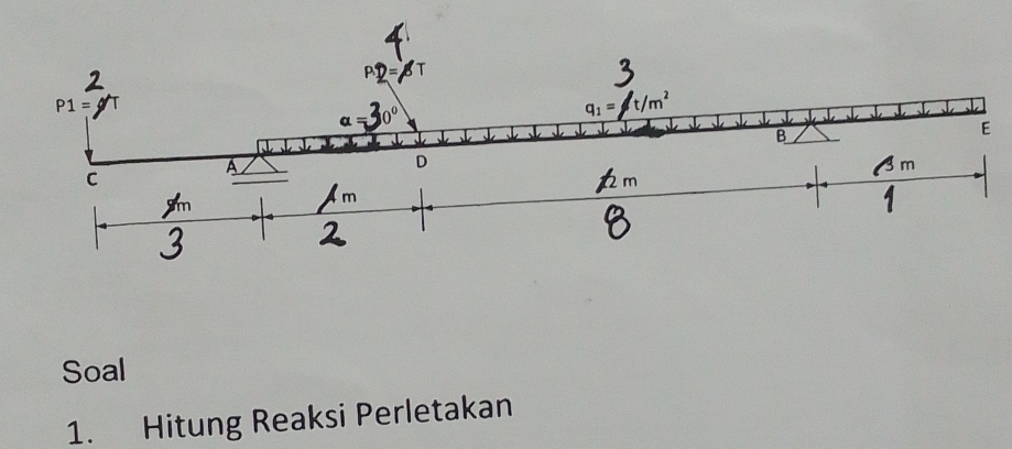 P1=
10º
q_1= ²t/m²
B 
E 
a 
D 
C 
Soal 
1. Hitung Reaksi Perletakan