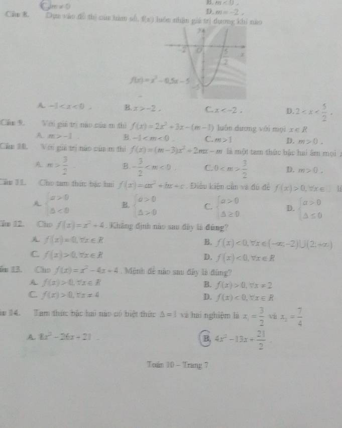 ... m!= 0
B m<0.
D. m=-2,
Ci B. Dụn vào đô thị của hàm số, f(x) luôn nhân giá trị dương khí nào
A. -1 B. x>-2, C. x D. 2
Can 9. Với giá trị nào của m thì f(x)=2x^2+3x-(m-1) luán dương vài mọi x∈ R
A. m>-1 B. -1 C. m>1 D. m>0.
Cầu M. Với gii trị nào của m thi f(x)=(m-3)x^2+2mx-m là một tam thức bậc hai âm mọi  x
A m> 3/2  B. - 3/2  C. 0  3/2  D. m>0.
âu 1I. Cho tam thức bậc hai f(x)=ax^3+bx+c Điều kiện cần và đú đề f(x)>0,forall x∈ l
A beginarrayl x>0 △ <0endarray. B. beginarrayl a>0 △ >0endarray. C. beginarrayl a>0 △ ≥ 0endarray. D. beginarrayl a>0 △ ≤ 0endarray.
lm 12. Cho f(x)=x^2+4. Khãng định não sau đây là đúng?
A. f(x)=0,forall x∈ R B. f(x)<0,forall x∈ (-∈fty ,-2)∪ (2;+∈fty )
C. f(x)>0.forall x∈ R D. f(x)<0,forall x∈ R
Bm 1B. Cho f(x)=x^2-4x+4 Mệnh để nào sau đây là đúng?
A. f(x)>0,forall x∈ R B. f(x)>0,forall x=2
C. f(x)>0,x_2 D. f(x)<0.forall x∈ R
lm 14. Tam thức bậc hai nào có biệt thức △ =1 và hai nghiệm là x_1= 3/2  và x_2= 7/4 
A. 8x^2-26x+21. B. 4x^2-13x+ 21/2 -
Toán 10 - Trang 7