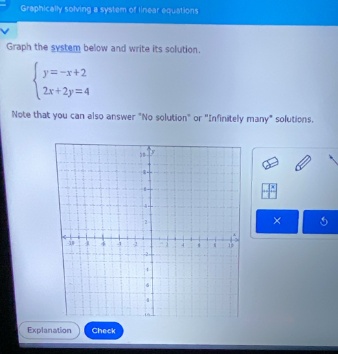 Graphically solving a system of linear equations 
Graph the system below and write its solution.
beginarrayl y=-x+2 2x+2y=4endarray.
Note that you can also answer "No solution" or "Infinitely many" solutions. 
× 
Explanation Check