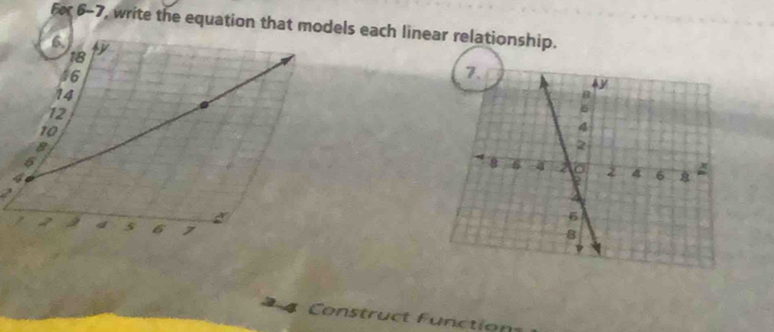 For 6-7, write the equation that models each linear relationship. 
2 
Construct function