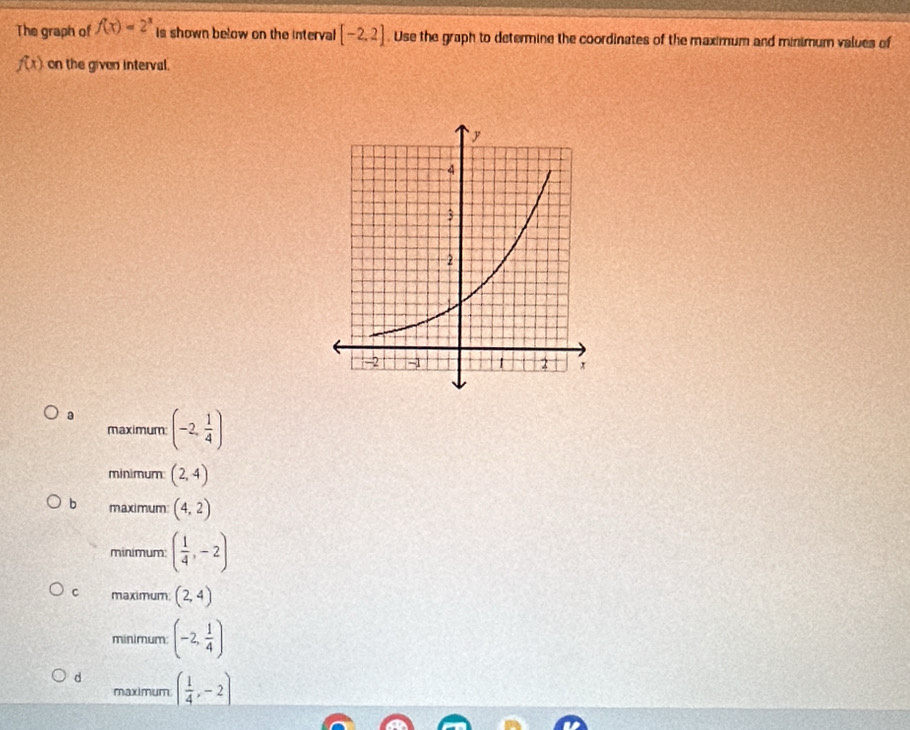 The graph of f(x)=2^x Is shown below on the interval [-2.2]. Use the graph to determine the coordinates of the maximum and minimum values of
f(x) on the given interval.
maximum (-2, 1/4 )
minimum (2,4)
b maximum (4,2)
minimum: ( 1/4 ,-2)
C maximum (2,4)
minimum: (-2, 1/4 )
d ( 1/4 ,-2)
maximum