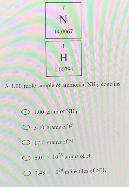 A 1.00 mole sa, NH_3 , contains
1.00 gram of NH_3
3.00 grams of H
17.0 grams of N
6.02* 10^(23) atoms of H
2.48* 10^(24) molecules of NH_3