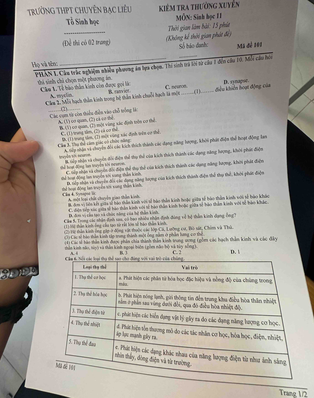 TRƯỜNG THPT CHUYÊN BẠC LIÊU KiÊm tra thường XUyên
Tổ Sinh học  MÔN: Sinh học 11
_
Thời gian làm bài: 15 phút
(Đề thi có 02 trang) (Không kể thời gian phát đề)
Số báo danh: Mã đề 101
_
Họ và tên:  PHẢN I. Câu trắc nghiệm nhiều phương án lựa chọn. Thí sinh trả lời từ câu 1 đến câu 10. Mỗi câu hỏi
thí sinh chỉ chọn một phương án.
Câu 1. Tế bào thần kinh còn được gọi là:
D. synapse.
A. myelin. B. ranvier. C. neuron.
Câu 2. Mỗi hạch thần kinh trong hệ thần kinh chuỗi hạch là một .......(1)...  điều khiển hoạt động của
..(2)……
Các cụm từ còn thiếu điền vào chỗ trống là:
A. (1) cơ quan, (2) cả cơ thể.
B. (1) cơ quan, (2) một vùng xác định trên cơ thể.
C. (1) trung tâm, (2) cả cơ thể.
D. (1) trung tâm, (2) một vùng xác định trên cơ thể.
Câu 3. Thụ thể cảm giác có chức năng:
A. tiếp nhận và chuyển đổi các kích thích thành các dạng năng lượng, khởi phát điện thế hoạt động lan
B. tiếp nhận và chuyển đổi điện thể thụ thể của kích thích thành các dạng năng lượng, khởi phát điện
truyền tới neuron.
thể hoạt động lan truyền tới neuron.
C. tiếp nhận và chuyển đổi điện thế thụ thể của kích thích thành các dạng năng lượng, khởi phát điện
thể hoạt động lan truyền tới xung thần kinh.
D. tiếp nhận và chuyển đổi các dạng năng lượng của kích thích thành điện thể thụ thể, khởi phát điện
thể hoạt động lan truyền tới xung thần kinh.
Câu 4. Synapse là:
A. một loại chất chuyển giao thần kinh.
B. đơn vị liên kết giữa tế bào thần kinh với tế bào thần kinh hoặc giữa tế bào thần kinh với tế bào khác
C. diện tiếp xúc giữa tế bào thần kinh với tế bào thần kinh hoặc giữa tế bào thần kinh với tế bào khác.
D. đơn vị cấu tạo và chức năng của hệ thần kinh.
Câu 5. Trong các nhận định sau, có bao nhiêu nhận định đúng về hệ thần kinh dạng ống?
(1) Hệ thần kinh ống cấu tạo từ rất lớn tế bào thần kinh.
(2) Hệ thần kinh ống gặp ở động vật thuộc các lớp Cá, Lưỡng cư, Bò sát, Chim và Thú.
(3) Các tế bào thần kinh tập trung thành một ống nằm ở phần lưng cơ thể.
(4) Các tế bảo thần kinh được phân chia thành thần kinh trung ương (gồm các hạch thần kinh và các dây
thần kinh não, tủy) và thần kinh ngoại biên (gồm não bộ và tủy sống).
A. 4 B. 3 C. 2 D. 1
Trang 1/2