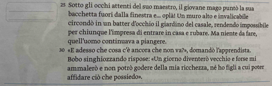 Sotto gli occhi attenti del suo maestro, il giovane mago puntò la sua 
_ 
bacchetta fuori dalla finestra e... oplà! Un muro alto e invalicabile 
circondò in un batter d’occhio il giardino del casale, rendendo impossibile 
per chiunque l’impresa di entrare in casa e rubare. Ma niente da fare, 
quell’uomo continuava a piangere. 
30 «E adesso che cosa c’è ancora che non va?», domandò l’apprendista. 
Bobo singhiozzando rispose: «Un giorno diventerò vecchio e forse mi 
ammalerò e non potrò godere della mia ricchezza, né ho figli a cui poter 
affidare ciò che possiedo».