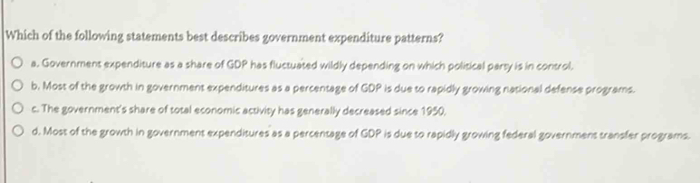 Which of the following statements best describes government expenditure patterns?
a. Government expenditure as a share of GDP has fluctuated wildly depending on which political party is in control.
b. Most of the growth in government expenditures as a percentage of GDP is due to rapidly growing national defense programs.
c. The government's share of total economic activity has generally decreased since 1950.
d. Most of the growth in government expenditures as a percentage of GDP is due to rapidly growing federal government transfer programs.