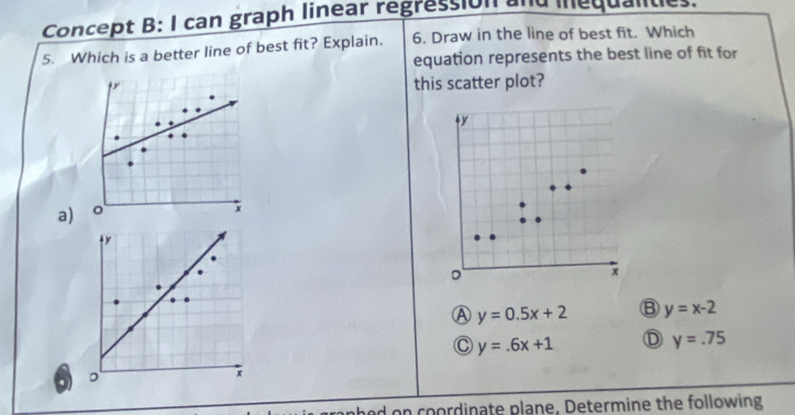 Concept B: I can graph linear regression and inequalites.
5. Which is a better line of best fit? Explain. 6. Draw in the line of best fit. Which
equation represents the best line of fit for
t×
this scatter plot?
a) o
x
y
Ⓐ y=0.5x+2 B y=x-2
C y=.6x+1 D y=.75. D
x
h e n coordinate plane, Determine the following