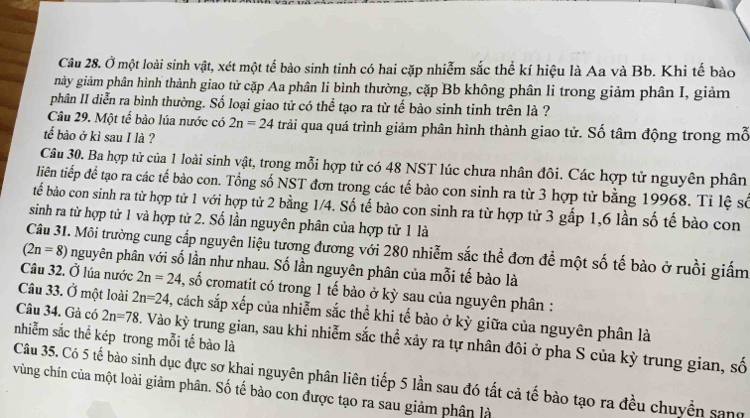 Ở một loài sinh vật, xét một tế bào sinh tinh có hai cặp nhiễm sắc thể kí hiệu là Aa và Bb. Khi tế bào
này giảm phân hình thành giao tử cặp Aa phân li bình thường, cặp Bb không phân li trong giảm phân I, giảm
phân II diễn ra bình thường. Số loại giao tử có thể tạo ra từ tế bào sinh tinh trên là ?
Câu 29. Một tế bào lúa nước có 2n=24 trải qua quá trình giảm phân hình thành giao tử. Số tâm động trong mỗ
tế bào ở kì sau I là ?
Câu 30. Ba hợp tử của 1 loài sinh vật, trong mỗi hợp tử có 48 NST lúc chưa nhân đôi. Các hợp tử nguyên phân
liên tiếp để tạo ra các tế bào con. Tổng số NST đơn trong các tế bào con sinh ra từ 3 hợp tử bằng 19968. Tỉ lệ số
bếể bào con sinh ra từ hợp tử 1 với hợp tử 2 bằng 1/4. Số tế bào con sinh ra từ hợp từ 3 gấp 1,6 lần số tế bào con
sinh ra từ hợp tử 1 và hợp tử 2. Số lần nguyên phân của hợp tử 1 là
Câu 31. Môi trường cung cấp nguyên liệu tương đương với 280 nhiễm sắc thể đơn để một số tế bào ở ruồi giấm
(2n=8) nguyên phân với số lần như nhau. Số lần nguyên phân của mỗi tế bào là
Câu 32. Ở lúa nước 2n=24 , số cromatit có trong 1 tế bảo ở kỳ sau của nguyên phân :
Câu 33. Ở một loài 2n=24 3, cách sắp xếp của nhiễm sắc thể khi tế bào ở kỳ giữa của nguyên phân là
Câu 34. Gà có 2n=78. Vào kỳ trung gian, sau khi nhiễm sắc thể xảy ra tự nhân đôi ở pha S của kỳ trung gian, số
nhiễm sắc thể kép trong mỗi tế bào là
Câu 35. Có 5 tế bào sinh dục đực sơ khai nguyên phân liên tiếp 5 lần sau đó tất cả tế bào tạo ra đều chuyển sang
vùng chín của một loài giảm phân. Số tế bảo con được tạo ra sau giảm phân là