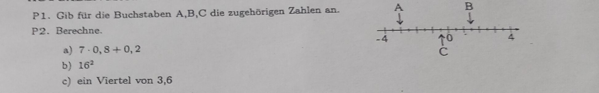 P1. Gib für die Buchstaben A, B,C die zugehörigen Zahlen an. 
A 
B 
P2. Berechne. 
a) 7· 0,8+0,2
b) 16^2
c) ein Viertel von 3, 6