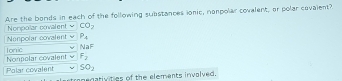 Are the bonds in each of the following substances ionic, nonpolar covalent, or polar covaient? 
Nonpolar covalent w CO_2
Nonpolar covalent P_4
Nompolar covalent Tonic NaF F_2
Polar covalent SO_2
tronenatlvities of the elements involved.