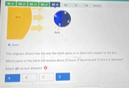 √ 11 x -18° 94 I° 95 x 97 q Results
Sun
^
D
Axis
0 Zoom
This diagram shows how the axis the Earth spins on is tilted with respect to the Sun.
Which parts of the Earth will receive about 12 hours of daytime and 12 hours of darkness?
Select all correct answers ●
A θ C D