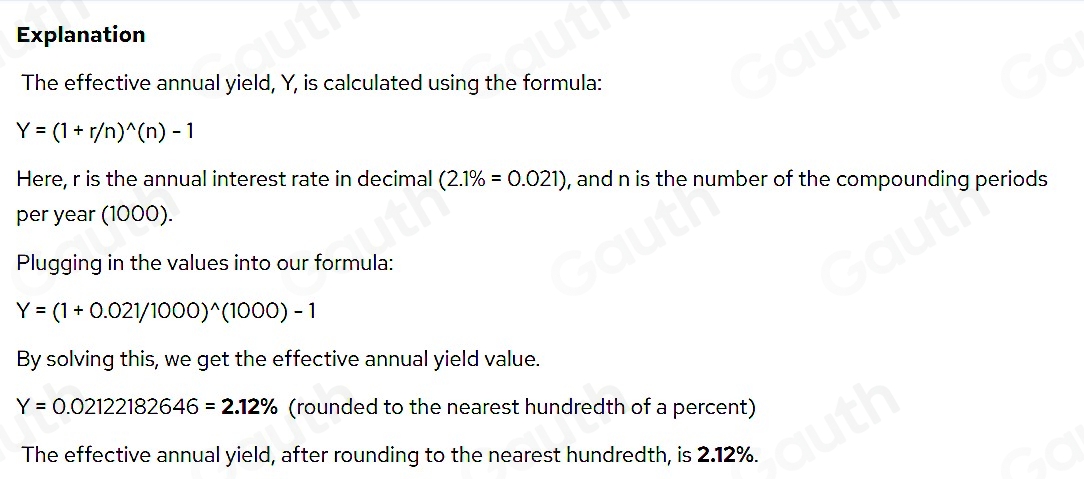Solved: An account has a rate of 2.2%. Find the effective annual yield ...