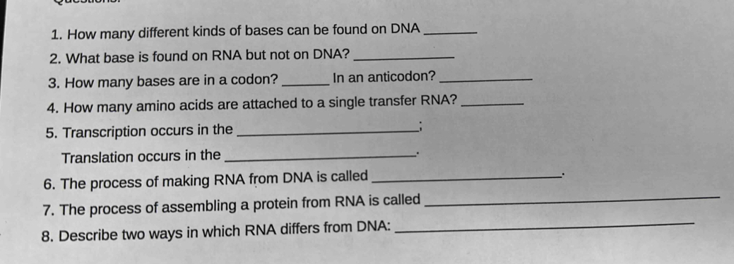 How many different kinds of bases can be found on DNA_ 
2. What base is found on RNA but not on DNA?_ 
3. How many bases are in a codon? _In an anticodon?_ 
4. How many amino acids are attached to a single transfer RNA?_ 
5. Transcription occurs in the __; 
Translation occurs in the _. 
6. The process of making RNA from DNA is called_ 
_ 
7. The process of assembling a protein from RNA is called 
_ 
8. Describe two ways in which RNA differs from DNA: