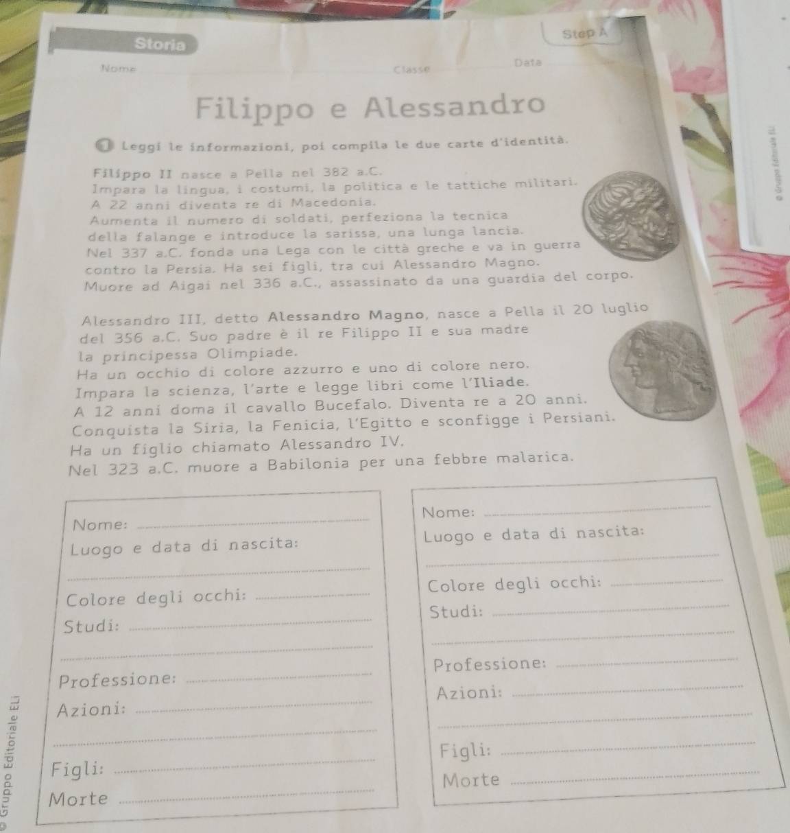 Storia 
Nome _Classe Data 
Filippo e Alessandro 
O Leggi le informazioni, poi compila le due carte d'identità. 
Filippo II nasce a Pella nel 382 a.C. 
Impara la língua, i costumi, la politica e le tattiche militari. 
A 22 anni diventa re di Macedonia. 
Aumenta il numero di soldati, perfeziona la tecnica 
della falange e introduce la sarissa, una lunga lancia. 
Nel 337 a.C. fonda una Lega con le città greche e va in guerra 
contro la Persia. Ha sei figli, tra cui Alessandro Magno. 
Muore ad Aigai nel 336 a.C., assassinato da una guardia del corpo. 
Alessandro III, detto Alessandro Magno, nasce a Pella il 20 luglio 
del 356 a.C. Suo padre è il re Filippo II e sua madre 
la príncipessa Olímpiade. 
Ha un occhio di colore azzurro e uno di colore nero. 
Impara la scienza, l’arte e legge libri come l’Iliade. 
A 12 anni doma il cavallo Bucefalo. Diventa re a 20 anni. 
Conquista la Síria, la Fenicia, l’Egitto e sconfigge i Persiani. 
Ha un figlio chiamato Alessandro IV. 
Nel 323 a.C. muore a Babilonia per una febbre malarica. 
Nome: _Nome: 
_ 
_ 
Luogo e data di nascita: Luogo e data di nascita: 
_ 
Colore degli occhi: _Colore degli occhi:_ 
Studi: 
_ 
Studi: 
_ 
_ 
_ 
Professione: _Professione: 
_ 
_ 
Azioni: _Azioni: 
_ 
_ 
_ 
Figli: 
_ 
_ 
_ 
Figli: 
Morte 
Morte