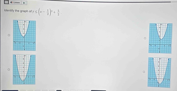 》 Listen 
Identify the graph of y≤ (x- 1/2 )^2+ 5/2 .