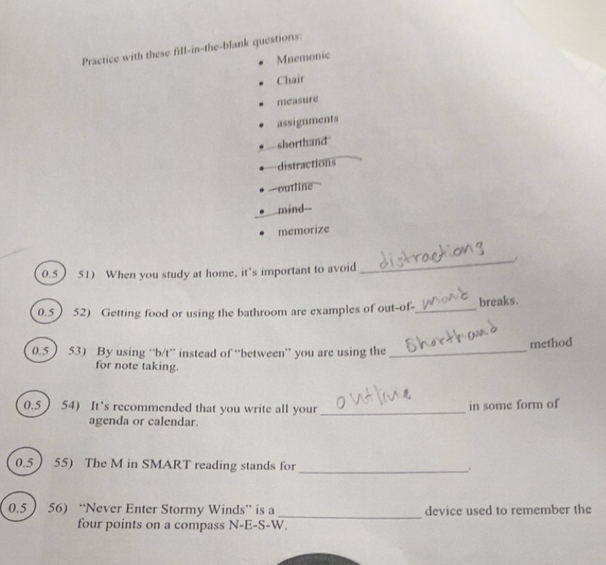 Solved: Practice with these fill-in-the-blank questions: Mnemonic Chair ...