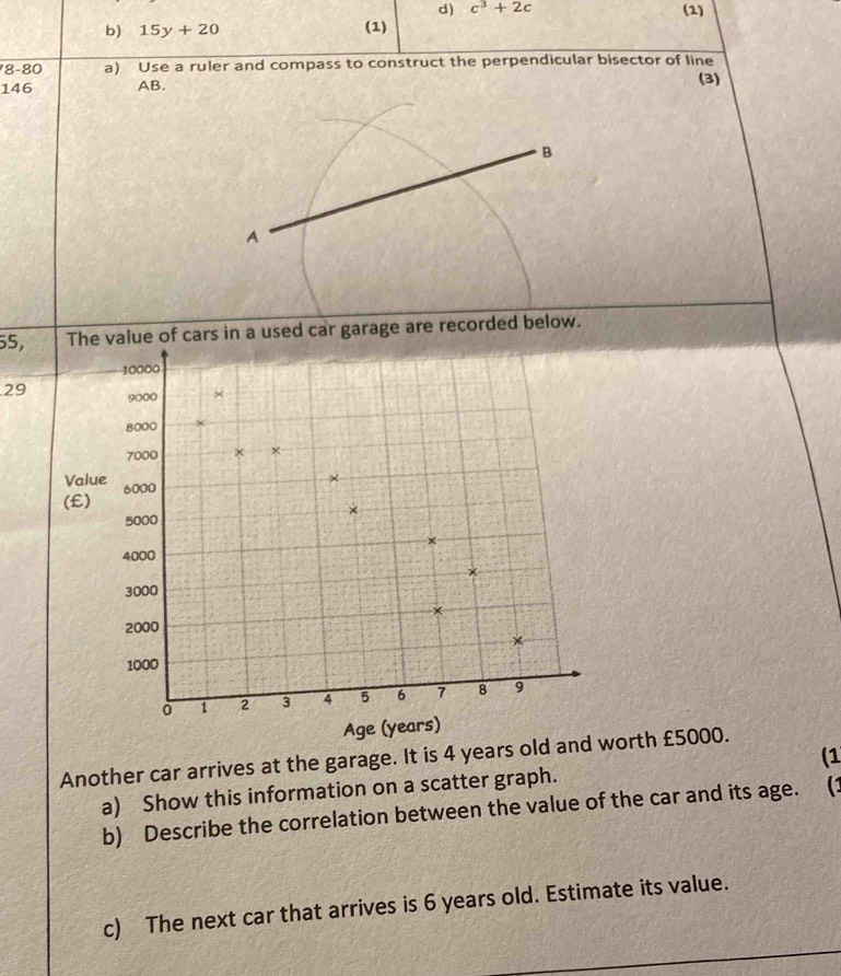 c^3+2c (1) 
b) 15y+20 (1) 
8-80 a) Use a ruler and compass to construct the perpendicular bisector of line
146 AB. (3) 
B 
A 
55,The value of cars in a used car garage are recorded below. 
29 
Another car arrives at the garage. It is 4 yearsrth £5000. 
a) Show this information on a scatter graph. (1 
b) Describe the correlation between the value of the car and its age. (: 
c) The next car that arrives is 6 years old. Estimate its value.