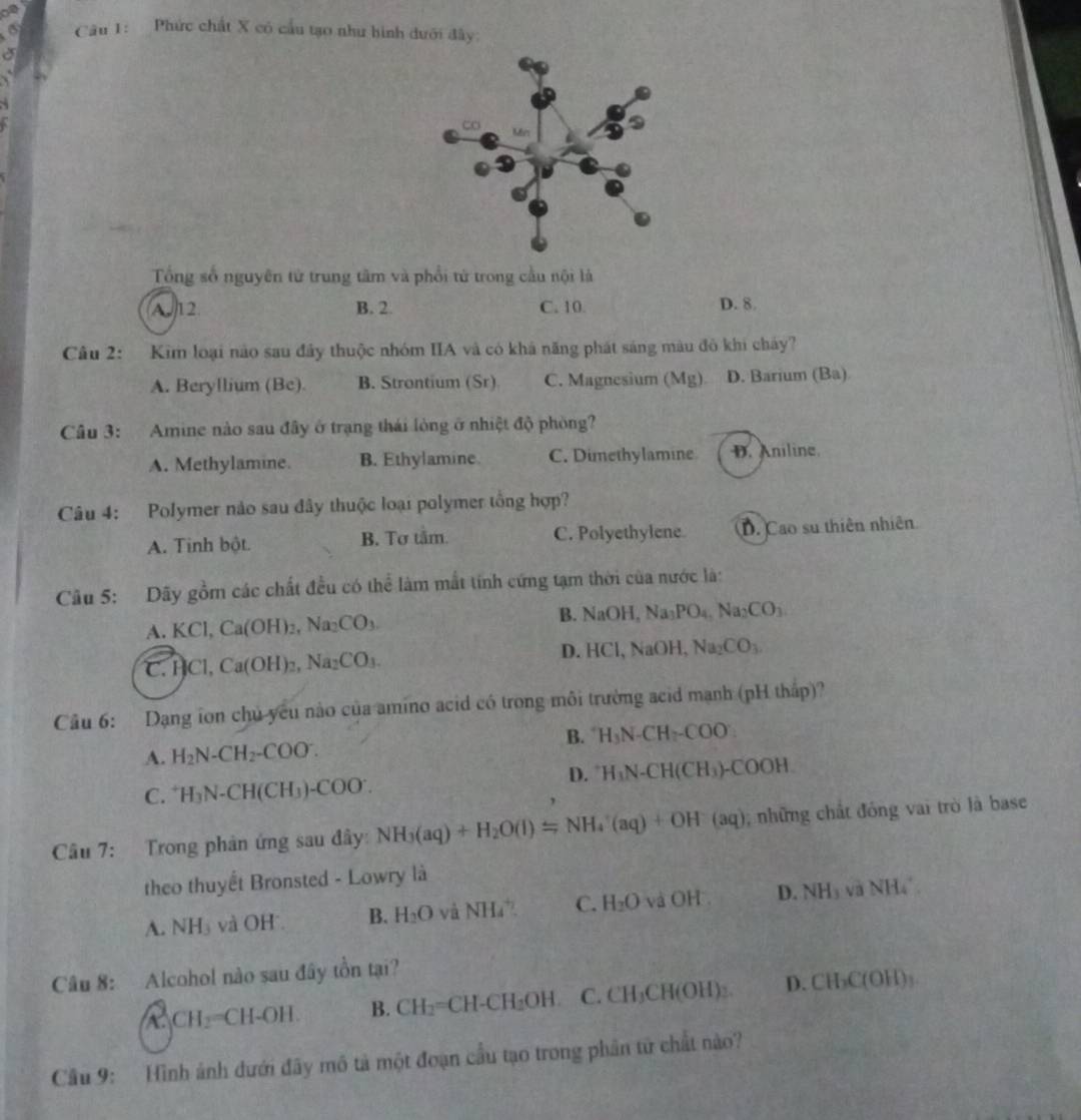 Phức chất X có cầu tạo như hình dưới đây:
co
Mr
Tổng số nguyên tử trung tâm và phổi tử trong cầu nội là
A12. B. 2 C. 10. D. 8.
Câu 2: Kim loại nào sau đây thuộc nhóm IIA và có khả năng phát sáng màu đô khi cháy?
A. Beryllium (Be). B. Strontium (Sr) C. Magnesium ( Mg D. Barium (Ba)
Câu 3: Amine nào sau đây ở trạng thái lòng ở nhiệt độ phòng?
A. Methylamine. B. Ethylamine. C. Dimethylamine D. Aniline.
Câu 4: Polymer nảo sau đây thuộc loại polymer tổng hợp?
A. Tinh bột. B. Tơ tâm. C. Polyethylene D. Cao su thiên nhiên
Câu 5: Dãy gồm các chất đều có thể làm mất tính cứng tạm thời của nước là:
A. KCl. Ca(OH)_2,Na_2CO_3. B. NaOH,Na_3PO_4,Na_2CO_3.
C. H Cl,Ca(OH)_2,Na_2CO_3. D. HCl, NaOH, Na_2CO_3
Câu 6: Dạng ion chủ ycu nào của amino acid có trong môi trường acid mạnh (pH thấp)?
A. H_2N-CH_2-COO^-. B. H_3N-CH_2COO
D. H_3N-CH(CH_3)-COOH
C. H_3N-CH(CH_3)-COO^-.
Câu 7: Trong phản ứng sau đây: NH_3(aq)+H_2O(l)=NH_4^(+(aq)+OH^-)(aq); những chất đóng vai trò là base
theo thuyết Bronsted - Lowry là
A. NH_3 và OH . B. H_2O và NH_4^(+ C. H_2)O  aOH D. NH_3 và NH₄
Câu 8: Alcohol nào sau đây tồn tại?
CH_2= CH-OH. B. CH_2=CH-CH_2OH C. CH_3CH(OH)_2. D. CH_3C(OH)_3.
Cầu 9: Hình ảnh dưới đây mô tả một đoạn cầu tạo trong phân từ chất nào?
