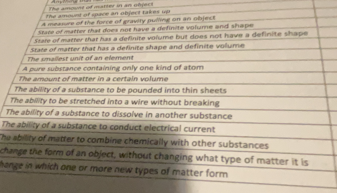 Anything ta 
The amount of matter in an object 
T 
Th 
The 
ch 
ha