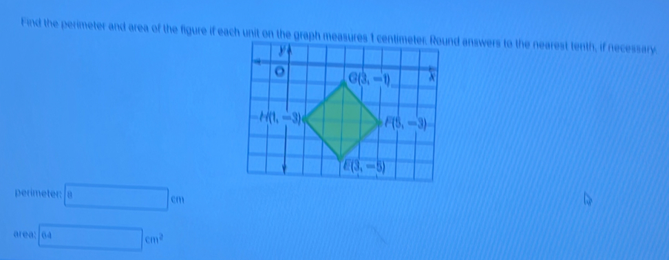 Find the perimeter and area of the figure if each unit on the graph measund answers to the nearest tenth, if necessary.
perimeter: □ cm
area: 64cm^2