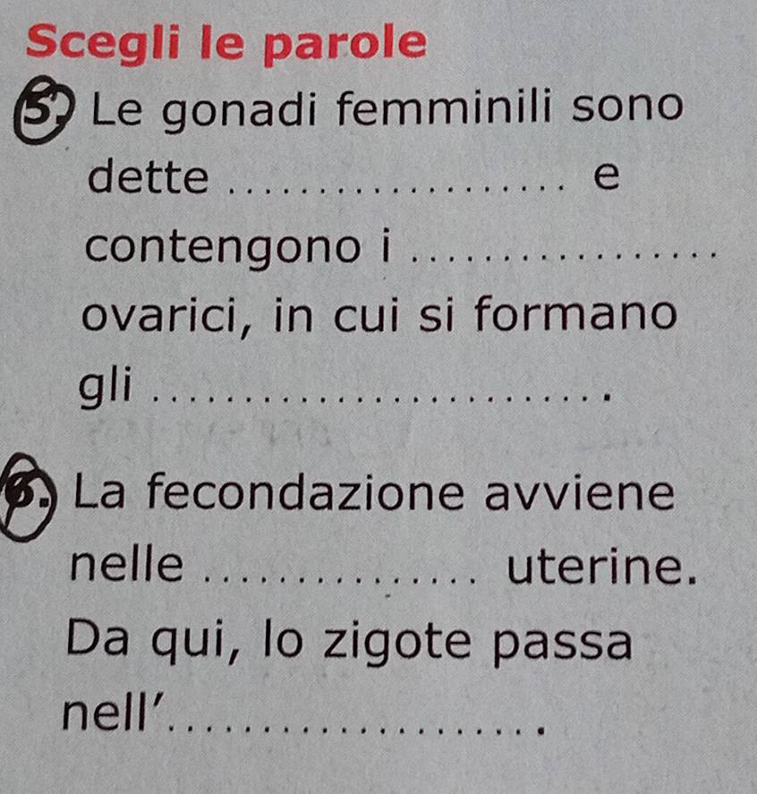 Scegli le parole 
5º Le gonadi femminili sono 
dette _e 
contengono i_ 
ovarici, in cui si formano 
gli_ 
La fecondazione avviene 
nelle _uterine. 
Da qui, lo zigote passa 
nell'_