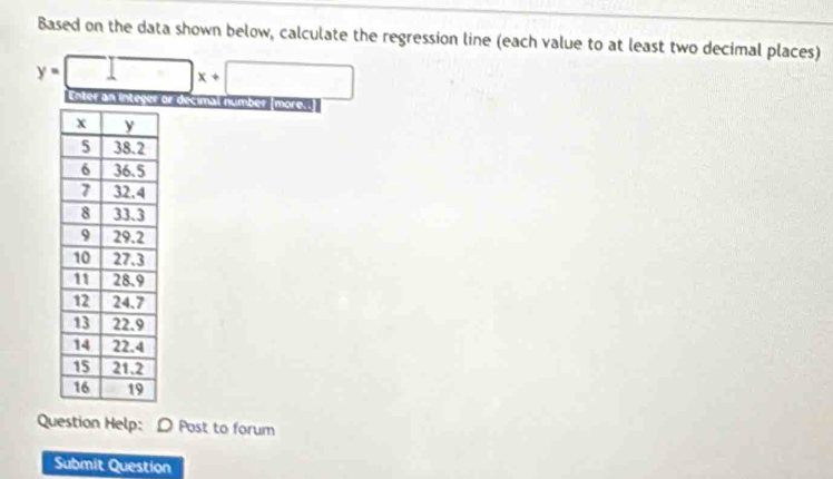 Based on the data shown below, calculate the regression line (each value to at least two decimal places)
y=□ x+□ Enter an integer or decimal number (more.. 
Submit Question