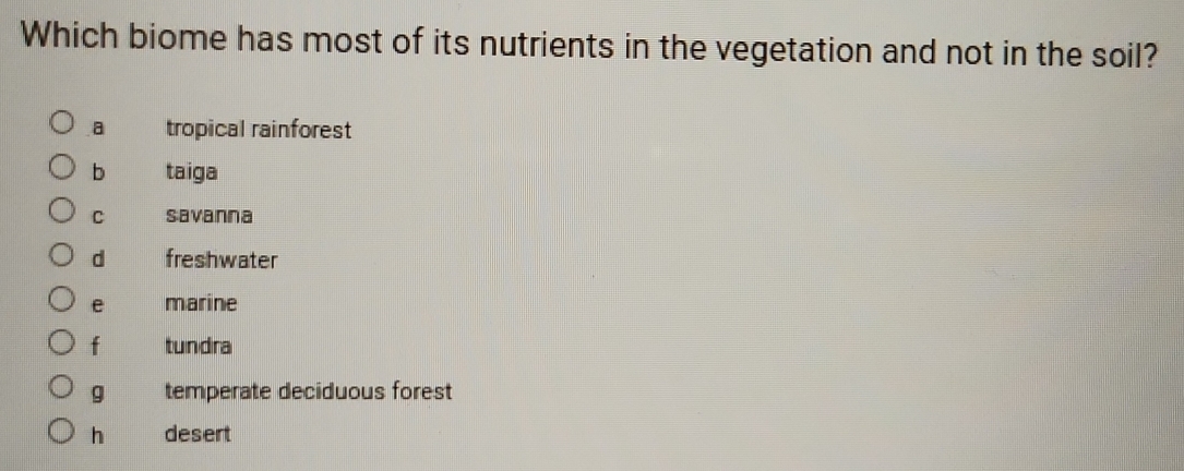 Which biome has most of its nutrients in the vegetation and not in the soil?
a tropical rainforest
b taiga
C savanna
d freshwater
e marine
f tundra
g temperate deciduous forest
h desert