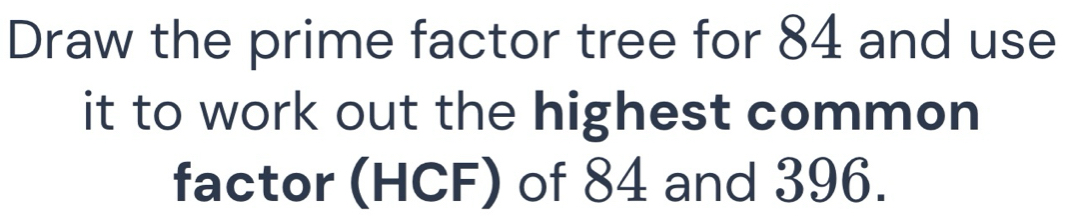 Draw the prime factor tree for 84 and use 
it to work out the highest common 
factor (HCF) of 84 and 396.