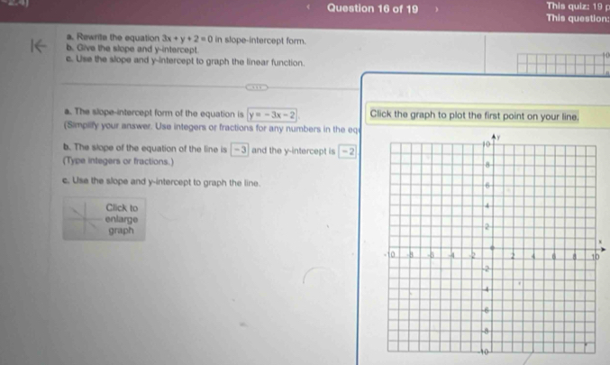 This question: This quiz: 19 p
a. Rewrite the equation 3x+y+2=0 in slope-intercept form.
b. Give the slope and y-intercept.
c. Use the slope and y-intercept to graph the linear function.
a. The slope-intercept form of the equation is y=-3x-2 Click the graph to plot the first point on your line.
(Simplify your answer. Use integers or fractions for any numbers in the eq
b. The slope of the equation of the line is -3 and the y-intercept is
(Type integers or fractions.) 
c. Use the slope and y-intercept to graph the line.
Click to
enlarge
graph
w
0