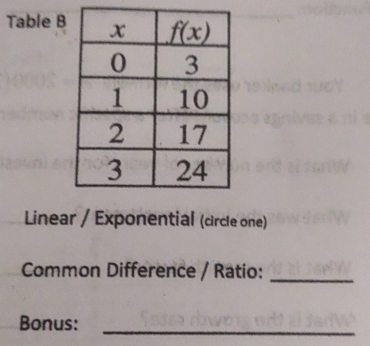 Table B
Linear / Exponential (circle one)
Common Difference / Ratio:_
Bonus:_