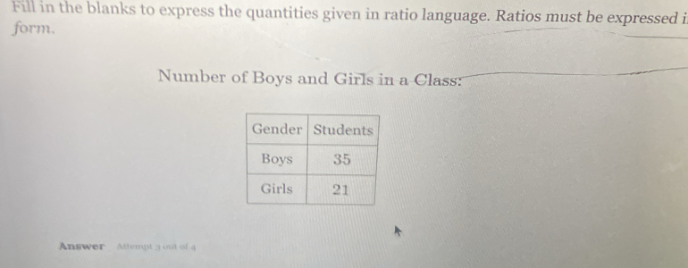 Fill in the blanks to express the quantities given in ratio language. Ratios must be expressed i 
form. 
Number of Boys and Girls in a Class: 
Answer Attempt 3 out of 4