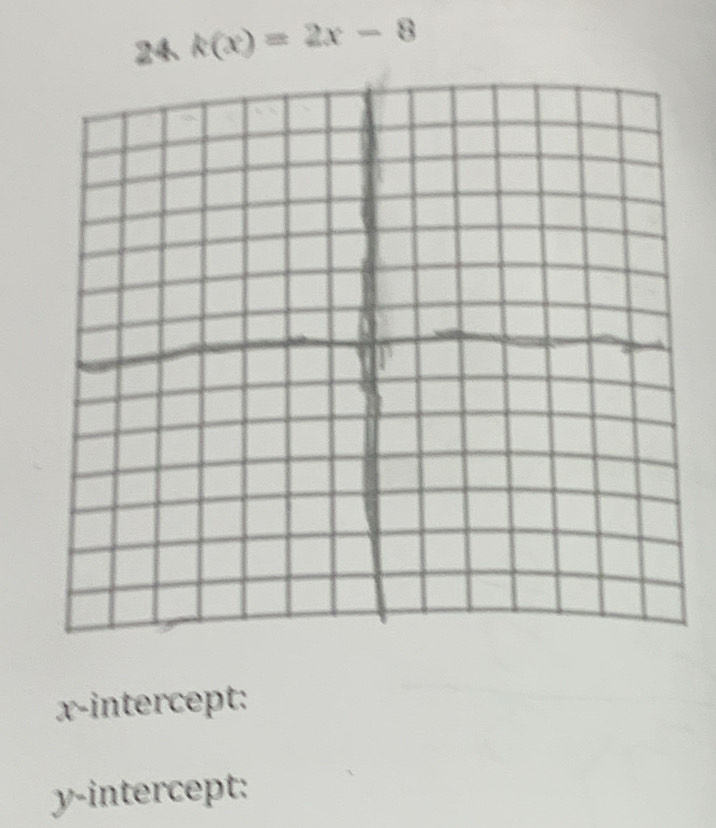 24 k(x)=2x-8
x-intercept: 
y-intercept: