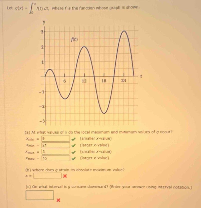 Let g(x)=∈t _0^(xf(t) dt, where f is the function whose graph is shown.
(a) At what values of x do the local maximum and minimum values of g occur?
x_min)=9 (smaller x-value)
x_min=21 □  (□)° (larger x-value)
x_max=3 (smaller x-value)
x_max=15 (larger x-value)
(b) Where does g attain its absolute maximum value?
x=□ *
(c) On what interval is g concave downward? (Enter your answer using interval notation.)
□