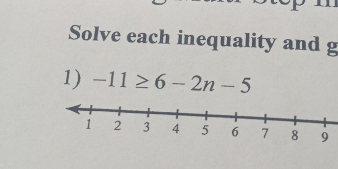 Solve each inequality and g 
1) -11≥ 6-2n-5