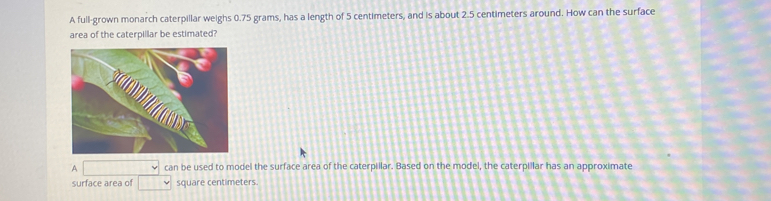 A full-grown monarch caterpillar weighs 0.75 grams, has a length of 5 centimeters, and is about 2.5 centimeters around. How can the surface 
area of the caterplilar be estimated? 
A ()^1/2 can be used to model the surface area of the caterpillar. Based on the model, the caterpillar has an approximate 
surface area of □ square centimeters.