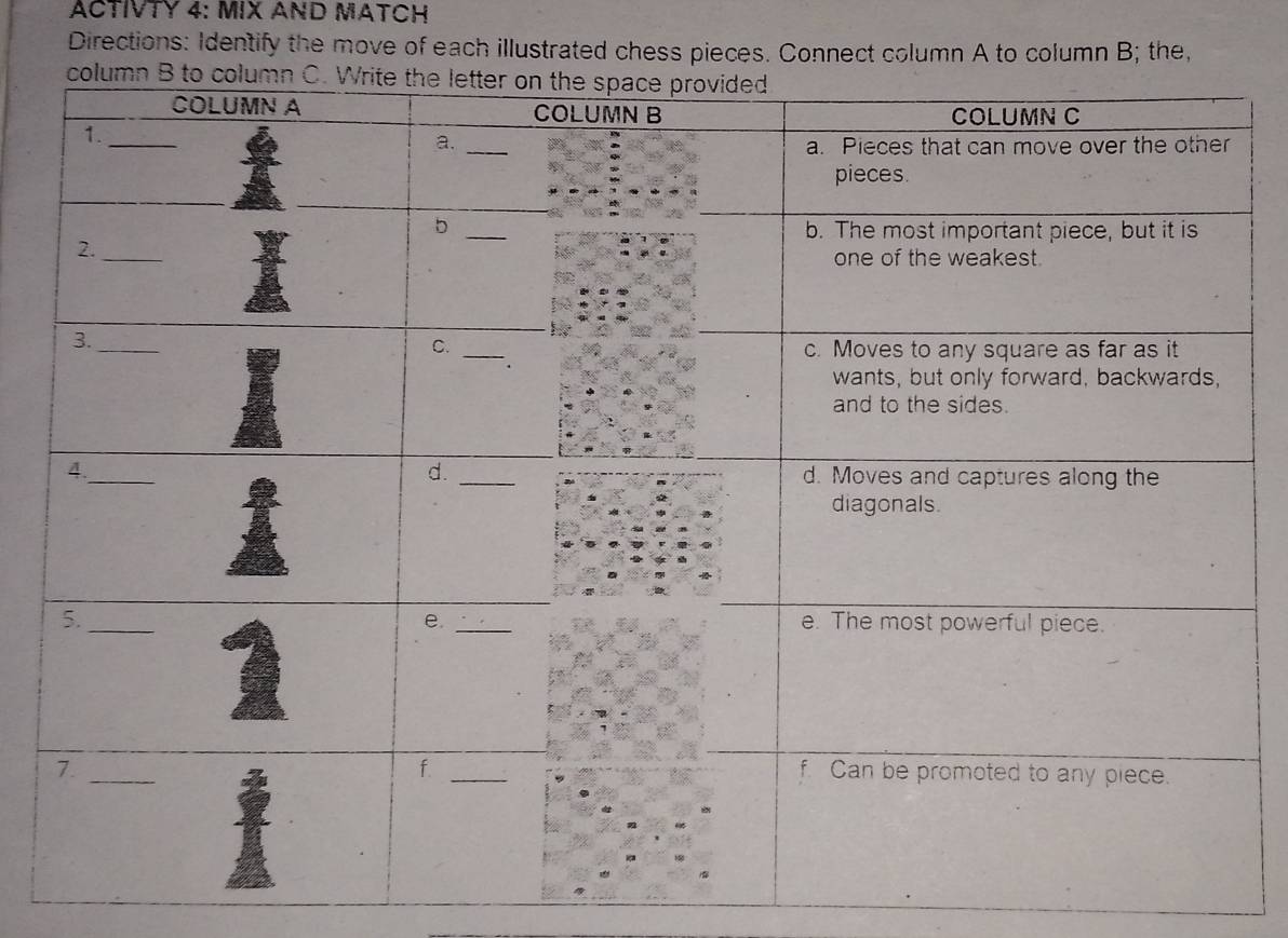 ACTIVTY 4: MIX AND MATCH 
Directions: Identify the move of each illustrated chess pieces. Connect column A to column B; the,