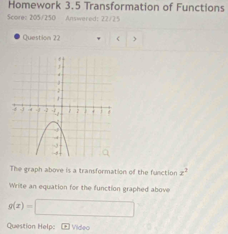 Homework 3.5 Transformation of Functions 
Score: 205/250 Answered: 22/25 
Question 22 < > 
The graph above is a transformation of the function x^2
Write an equation for the function graphed above
g(x)=□
Question Help: Video