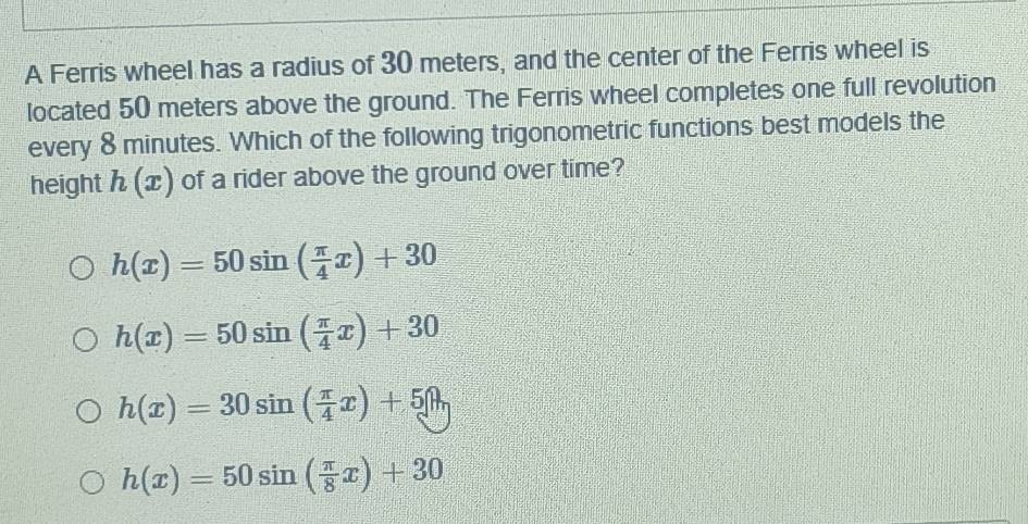 Solved: A Ferris wheel has a radius of 30 meters, and the center of the ...