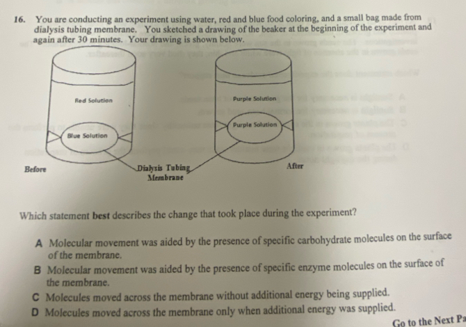 You are conducting an experiment using water, red and blue food coloring, and a small bag made from
dialysis tubing membrane. You sketched a drawing of the beaker at the beginning of the experiment and
again after 30 minutes. Your drawing is shown below.
Which statement best describes the change that took place during the experiment?
A Molecular movement was aided by the presence of specific carbohydrate molecules on the surface
of the membrane.
B Molecular movement was aided by the presence of specific enzyme molecules on the surface of
the membrane.
C Molecules moved across the membrane without additional energy being supplied.
D Molecules moved across the membrane only when additional energy was supplied.
Go to the Next Pa