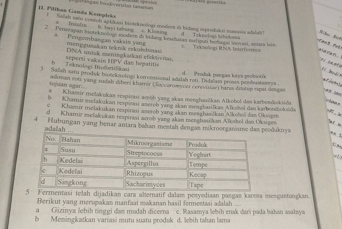 punanan spésies Iekayasa genetika
gurangan biodiversitas tanaman
II. Pilihan Ganda Kompleks
1 Salah satu contoh aplikasi bioteknologi modern di bidang reproduksi manusia adalah?
a Insulin b. bayi tabung c. Kloning d Teknologi hibidoma
Ribu Rup
2 Penerapan bioteknologi modern di bidang kesehatan meliputi berbagai inovasi, antara lain:
a. Pengembangan vaksin yang
T   Pu 
menggunakan teknik rekombinasi
c. Teknologi RNA Interference
alayan .
DNA untuk meningkatkan efektivitas,
seperti vaksin HPV dan hepatitis
r : se  ro
b Teknologi Biofortifikasi
ri budín
d Produk pangan kaya probiotik
3 Salah satu produk bioteknologi konvensional adalah roti. Didalam proses pembuatannya ,
erjomia
adonan roti yang sudah diberi khamir (Saccaromyces cerevisiae) harus ditutup rapat dengan
tujuan agar…
c an lan
a Khamir melakukan respirasi aerob yang akan menghasilkan Alkohol dan karbondioksida
jutaan
b Khamir melakukan respirasi anerob yang akan menghasilkan Alkohol dan karbondioksida
c Khamir melakukan respirasi anerob yang akan menghasilkan Alkohol dan Oksigen
P ê  k
d Khamir melakukan respirasi aerob yang akan menghasilkan Alkohol dan Oksigen
Pa t  k
4 Hubungan yang benar antara bahan mentah dengan mikroorganisme dan produknya
adalah ...
an s
tà m
telah dijadikan cara alternatif dalam penyediaan pangan karena menguntungkan.
Berikut yang merupakan manfaat makanan hasil fermentasi adalah ....
a Gizinya lebih tinggi dan mudah dicerna c. Rasamya lebih enak dari pada bahan asalnya
b Meningkatkan variasi mutu suatu produk d. lebih tahan lama