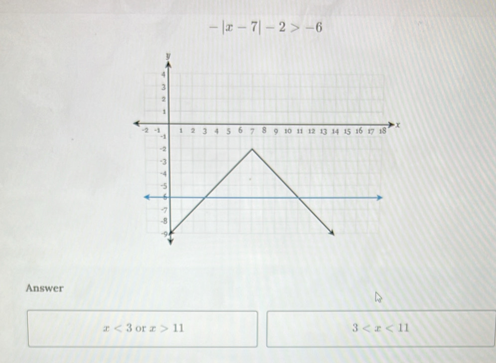 -|x-7|-2>-6
Answer
x<3</tex> or x>11 3