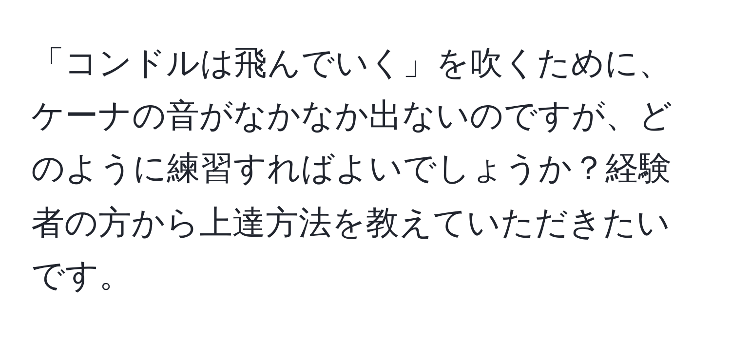 「コンドルは飛んでいく」を吹くために、ケーナの音がなかなか出ないのですが、どのように練習すればよいでしょうか？経験者の方から上達方法を教えていただきたいです。