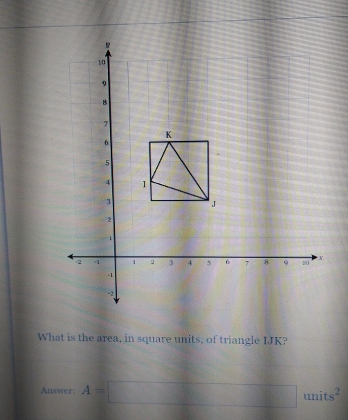 What is the area, in square units, of triangle IJK? 
Answer: A=□ units^2