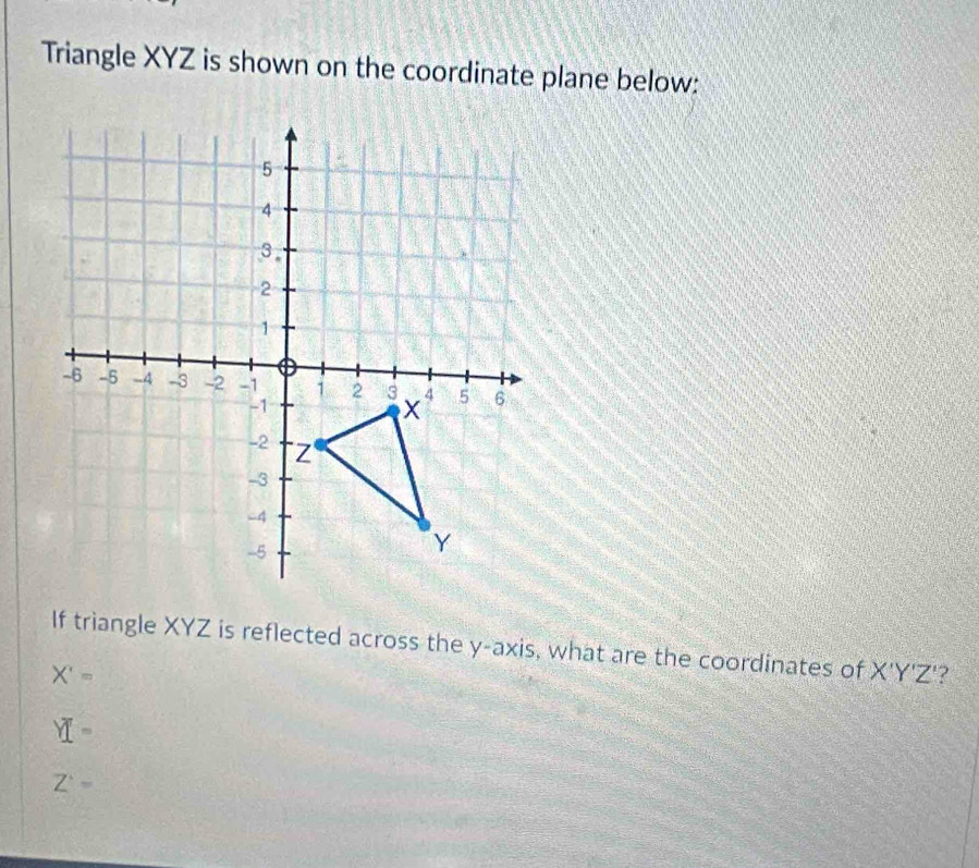 Triangle XYZ is shown on the coordinate plane below:
If triangle XYZ is reflected across the y-axis, what are the coordinates of X'Y'Z' 2
X'=
Y=
Z'=