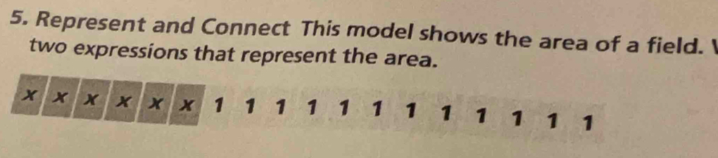 Represent and Connect This model shows the area of a field.  
two expressions that represent the area.
x* x* x* x 1 1 1 1 1 1 1 1 1 1 1 1