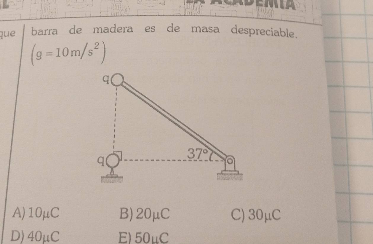 que barra de madera es de masa despreciable.
(g=10m/s^2)
A)10μC B)20μC C) 30μC
D)40μC E)50uC