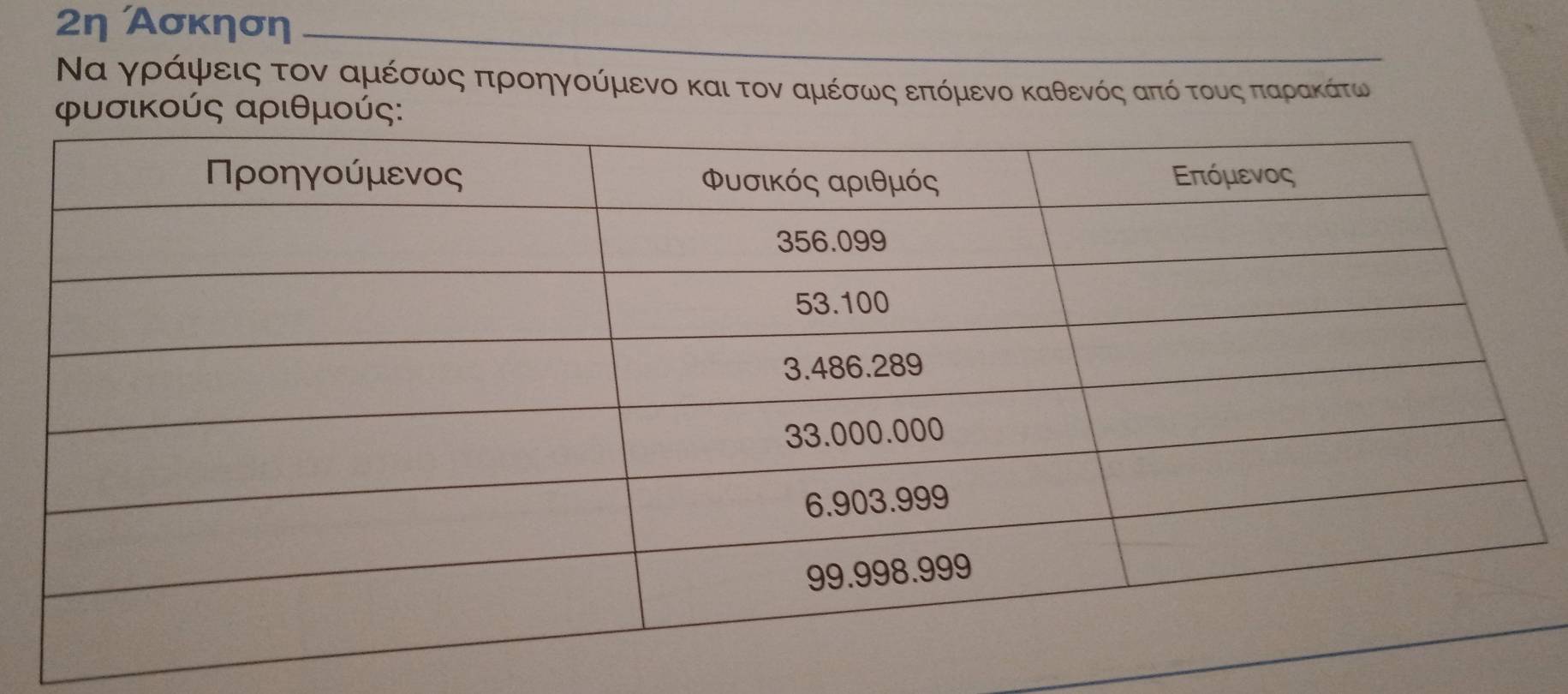 2η Ἀσκηση 
Να γρΚάρνψμαεεις τον αμέσωνοςαπροηγούμενο και τον αμέσοωνοςαεπόμενο καθενόςαπόοτουοςαπαρακΚάτω 
φυσικούς αριθμούς :