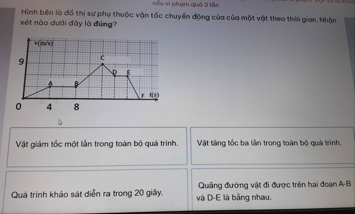 nếu vi phạm quá 3 lần
gn số bị khọc
Hình bên là đồ thị sự phụ thuộc vận tốc chuyến động của của một vật theo thời gian. Nhận
xét nào dưới đây là đúng?
Vật giảm tốc một lần trong toàn bộ quá trình. Vật tăng tốc ba lần trong toàn bộ quá trình.
Quãng đường vật đi được trên hai đoạn A-B
Quá trình khảo sát diễn ra trong 20 giây.
và D-E là bằng nhau.